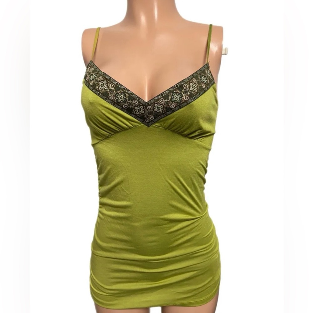 Y2K Green Tapestry Milkmaid trim Ruched Stretchy cleavage Top 2000’s Cami Tank